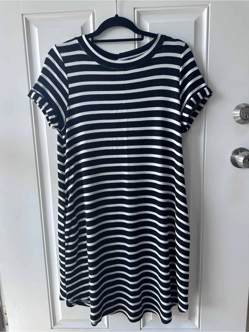 Women’s Black & White Striped Short-Sleeve Dress with button detail on back